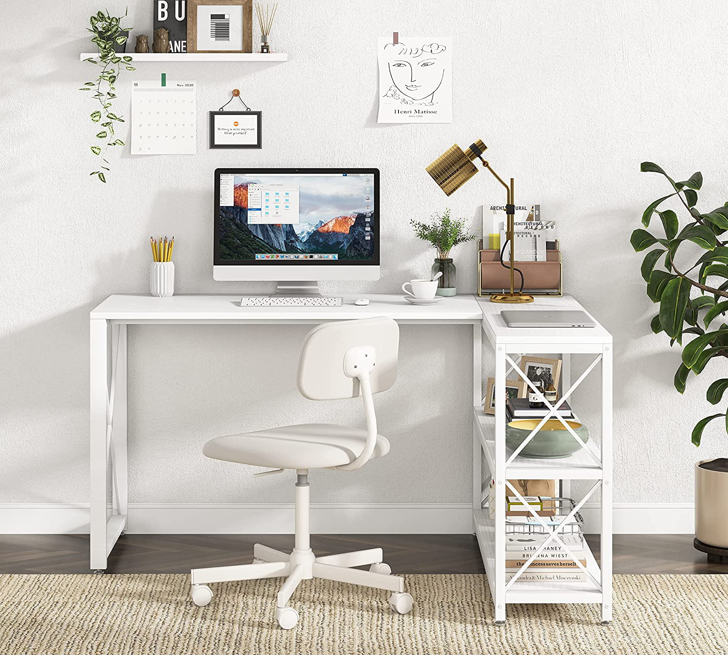 Tribesigns 59" Working Gaming Table, Reversible Computer PC Desk with 2 Shelves for Home Office, White
