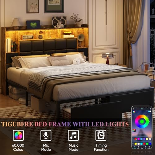 LED Bed Frame Full Size with Bookshelf Headboard, 2 Hidden Storage Drawers, Upholstered Platform Metal Bed Frame with Charging Station