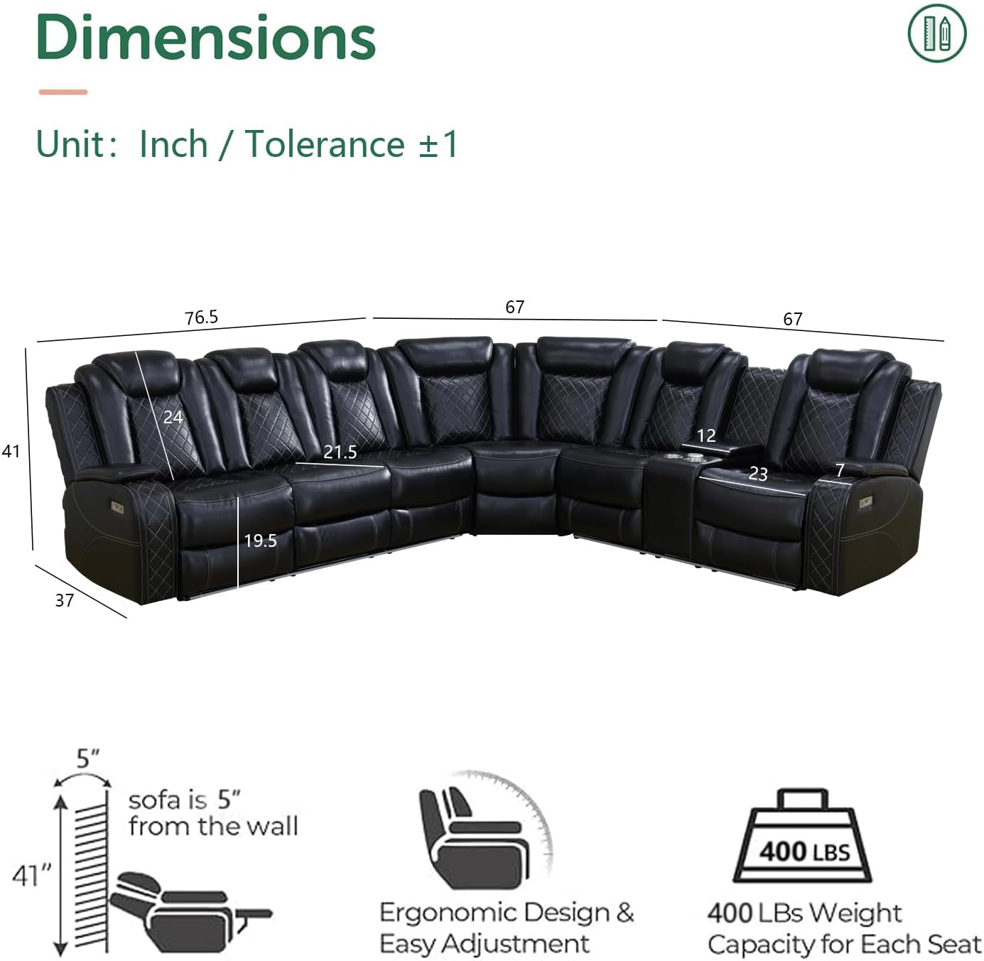 Black Leather Power Reclining Sectional Sofa，Sectional Couch with Recliner Living Room Set with LED Light/Read Light/Storage Console/USB