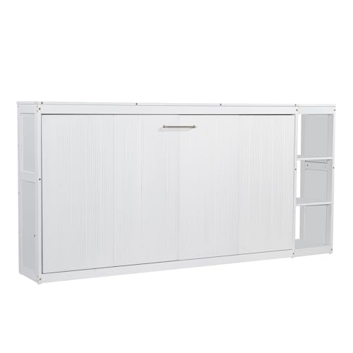 Queen Size Farmhouse Murphy Bed Cabinet with Charging Station, Foldable Platform Bed Frame with 2 Storage Drawers