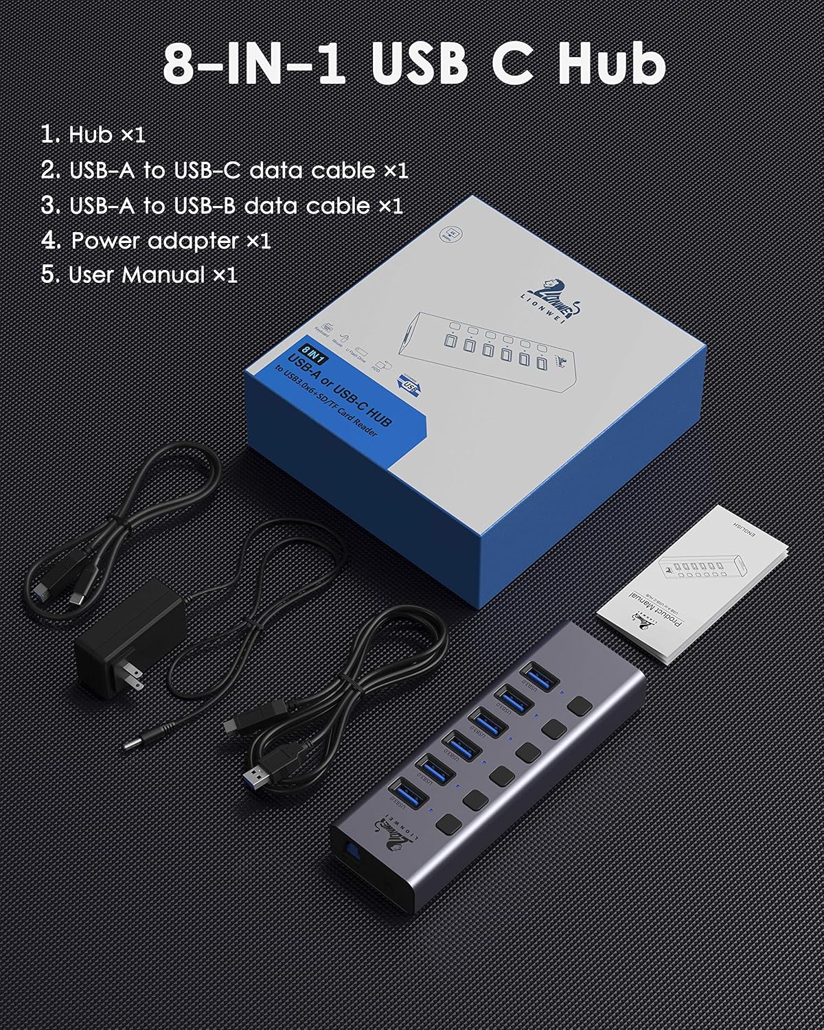 Universal 8-Port Powered USB 3.0/USB C Hub, Aluminum USB Splitter with 6 USB 3.0 Data Ports, SD/TF Card Readers, On/Off Power Switches, AC Adapter