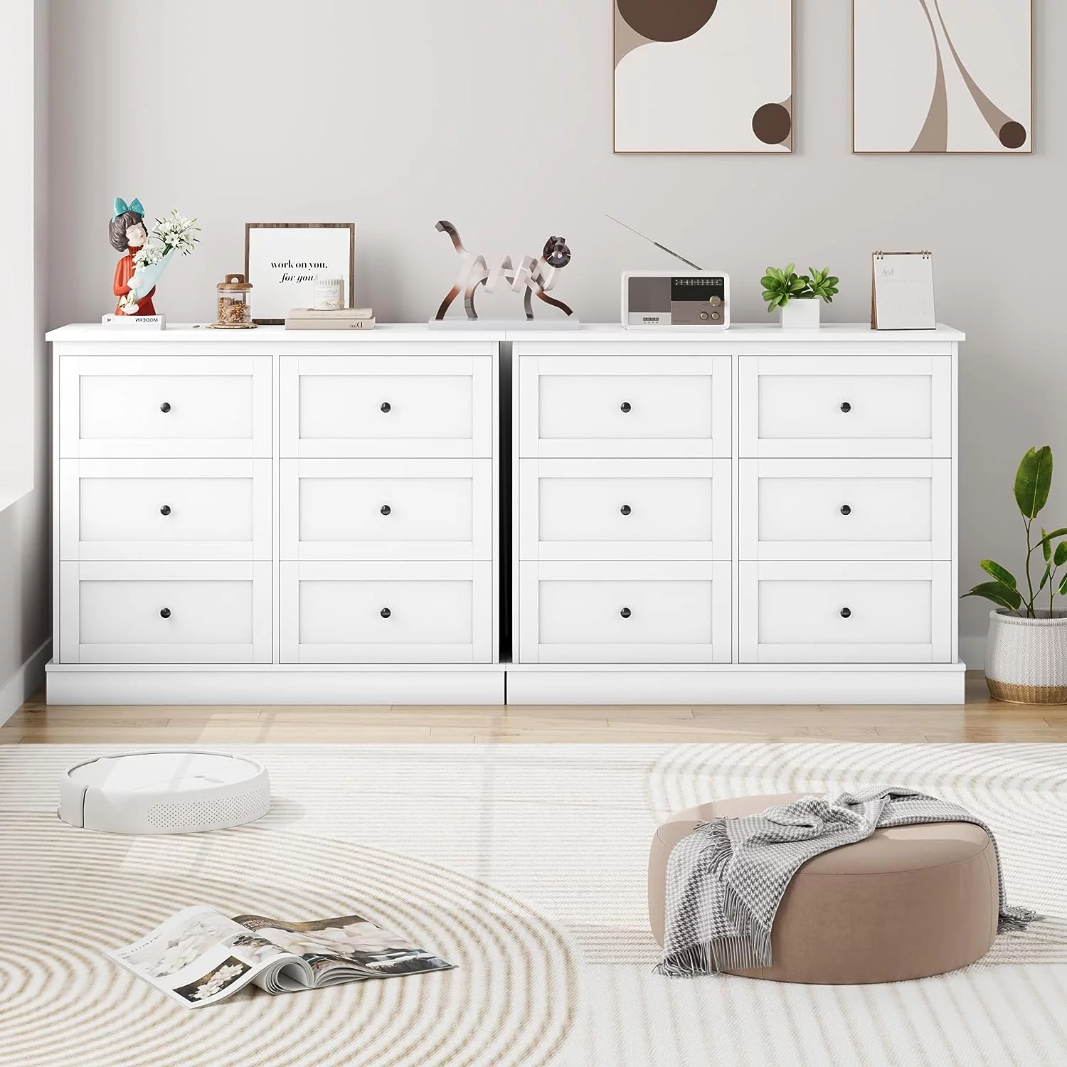 White Dresser  6 Drawer Dresser White   Double Chest with Deep Drawers  Wide  Organizer Cabinet for Living Room