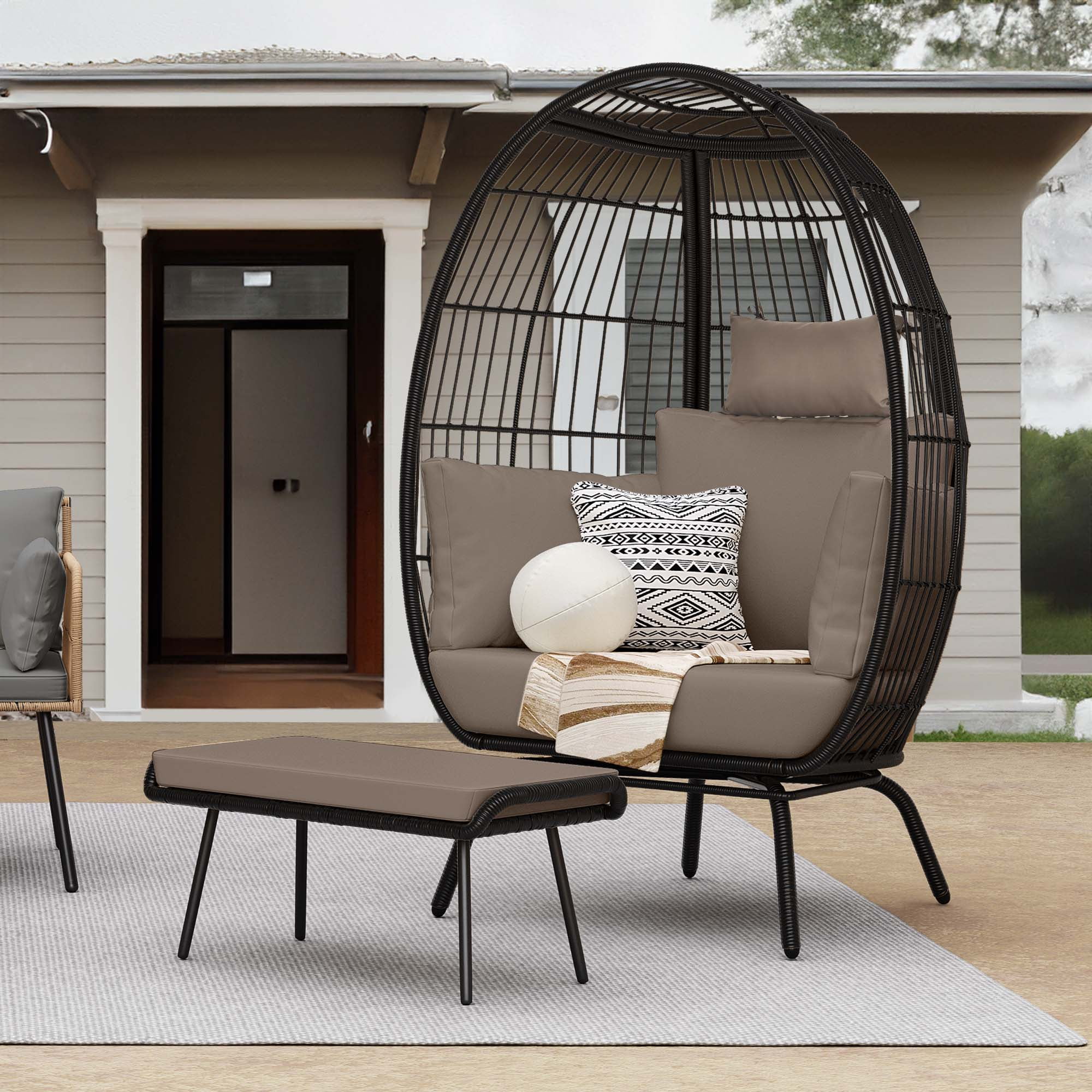 DEXTRUS Wicker Egg Chair with Ottoman,with Stand, Cushions, Egg Chairs for Patio - Black