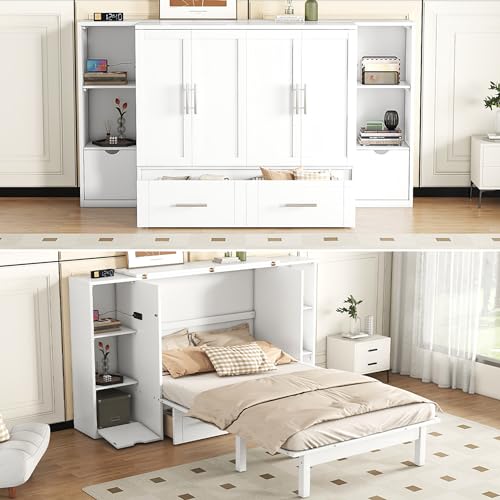 Queen Size Murphy Wall Bed with Storage, Bookcase Headboard, Solid Wood Cabinets, Shelves, Drawers and USB Ports