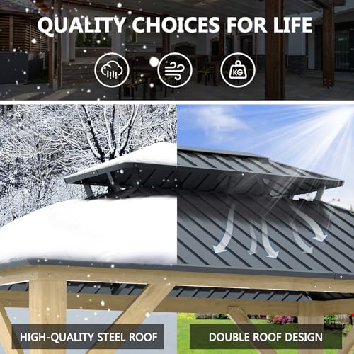 12'x12' Hardtop Gazebo, Outdoor Double Roof Galvanized Steel Gazebos, Aluminum Frame Permanent Pavilion with Curtains & Netting for Backyard, Patio