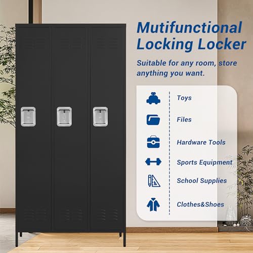 72" Metal Locker for Employees 3 Doors Blue Steel Storage Locker for Office, School, Gym - Metal Storage Cabinets for Home, Office, Gym, School