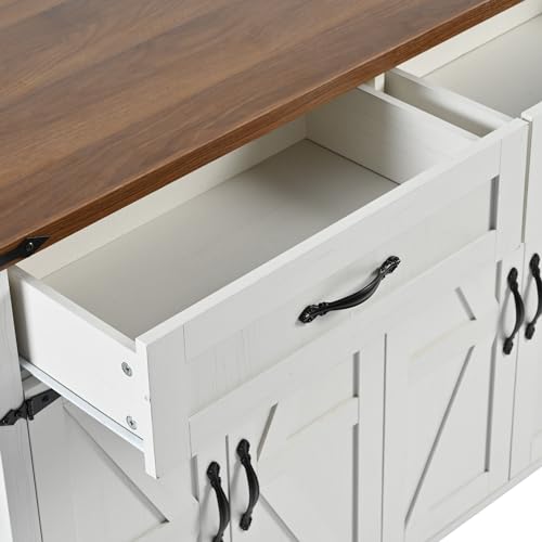 53.7" Farmhouse Kitchen Island with Drop Leaf,2 Drawers,Kitchen Storage Island with Power Outlet,Spice Rack