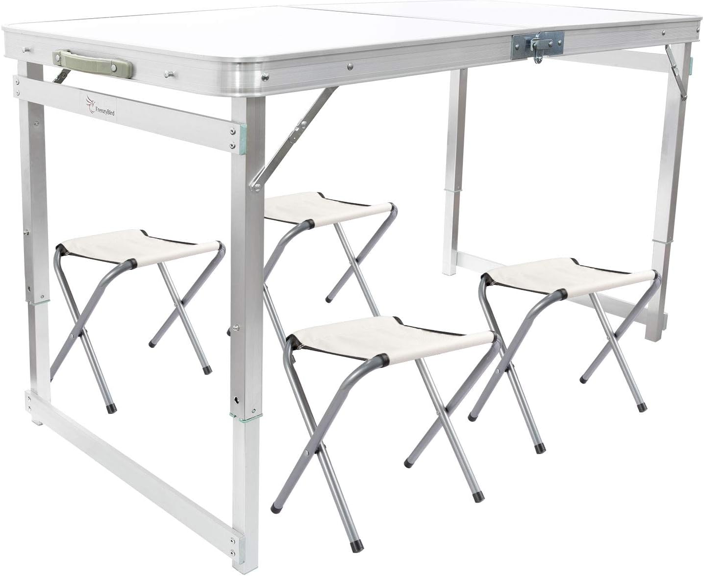 FrenzyBird Folding Picnic Table with 4 Stools, Aluminum Table Chair Set for up to 4 Persons
