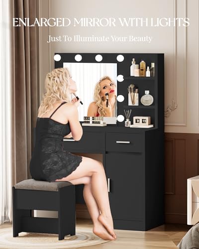 Vanity Desk with Mirror and Lights, Makeup Vanity with Drawer & Storage Shelves, Cabinet, 3 Lighting Modes Adjustable Brightness