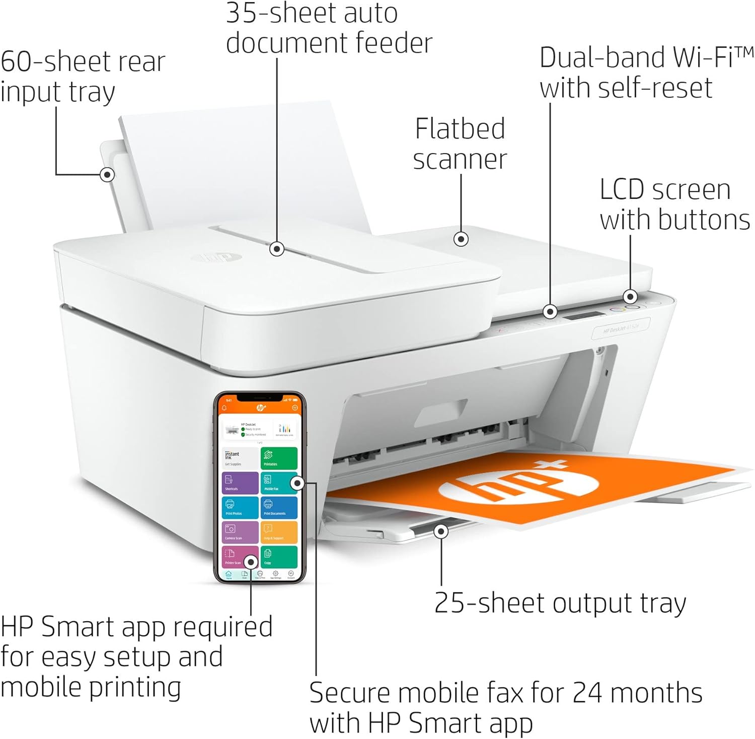 H-P DeskJet 41Series All-in-One Wireless Color Inkjet Printer Mobile Print, Scan & Copy, Auto Document Feeder Features 2-Sided Printing