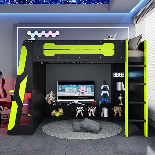 Gaming Bed with Desk,Wardrobe,Ample Storage Space,and RGB LED Light, Full Size Wood Loft Bed for Kids Bedroom (Cloud Blue/K)