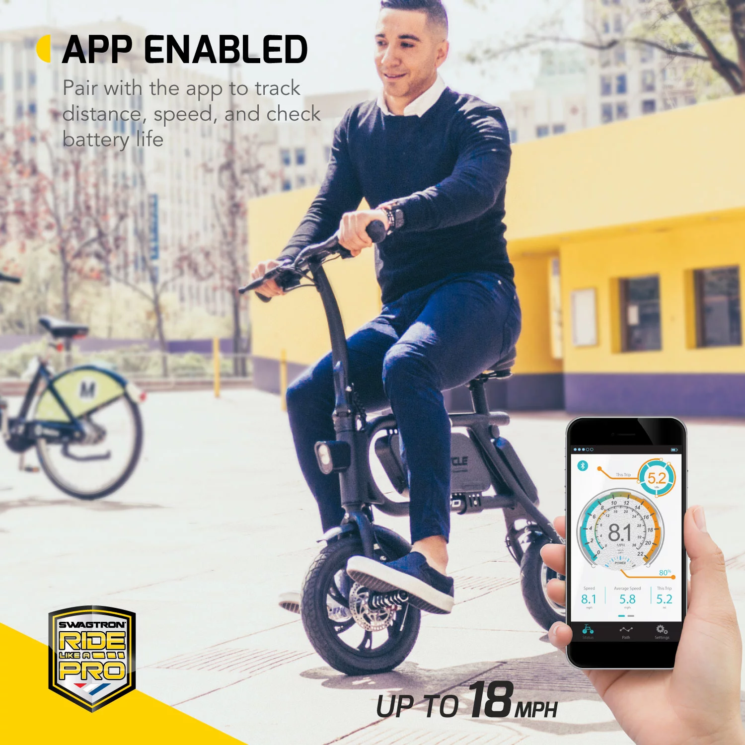 SwagCycle Envy Pro Folding Electric Bike, Pedal Free and App Enabled, 18 mph E Bike with USB Port to Charge on the Go (Black)