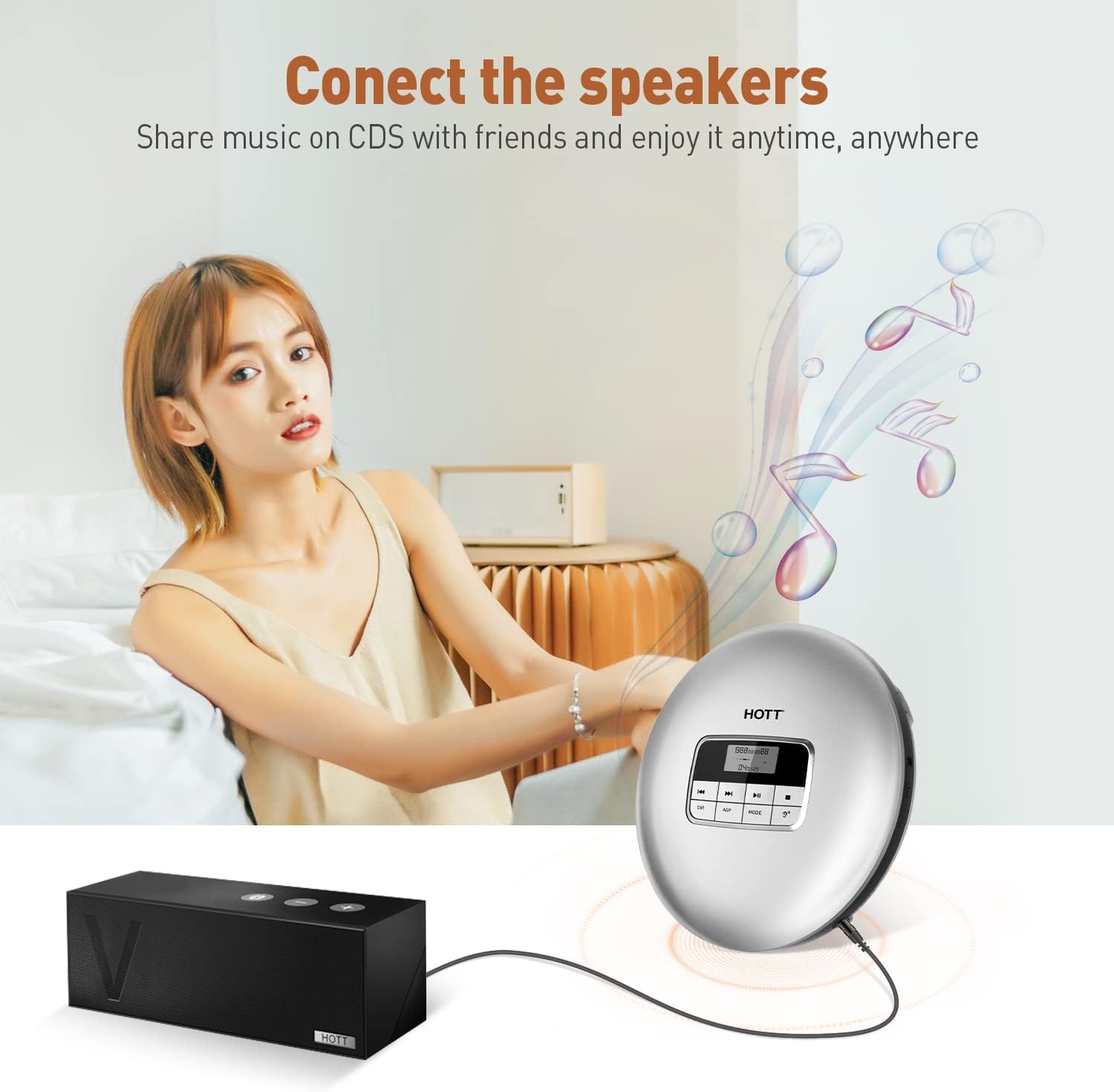 HOTT CD511 Portable CD Player，Personal Compact CD Player for Car with Anti-Skip/Shockproof Protection with Headphones and AUX Cable-Sliver