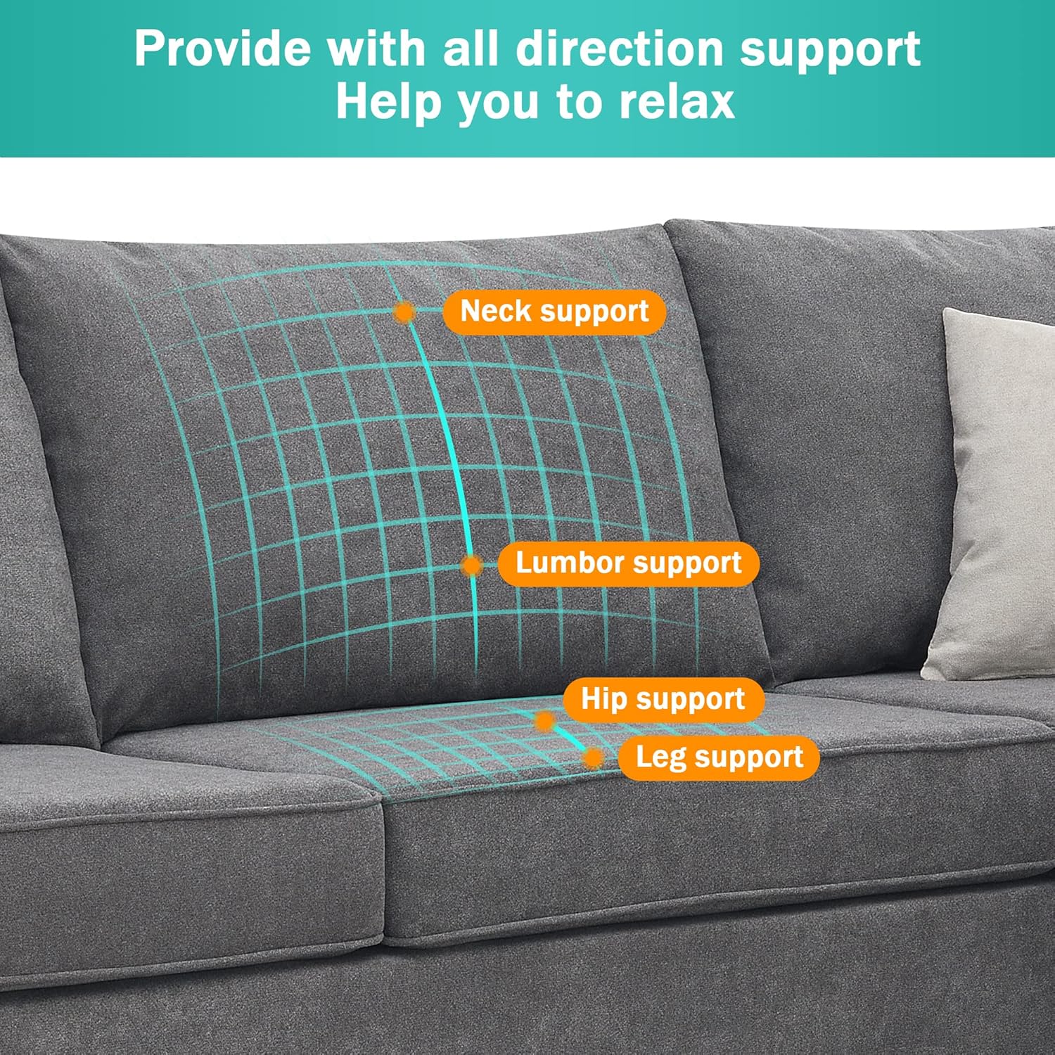 LUMISOL Upholstered Sectional Sofa for Living Room, L Shape Furniture Couch with 3 Pillows, Fabric Sofa Couch for Large Space Apartments Office, Grey