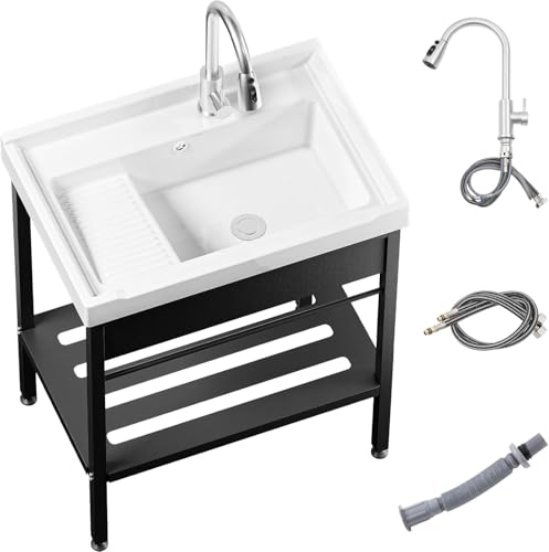 Stainless Steel Utility Sink, 36.6" × 24.2" × 36.6"Freestanding Sink with Cold and Hot Water Faucet,Hoses and Drain Kit for Kitchens, Bathrooms