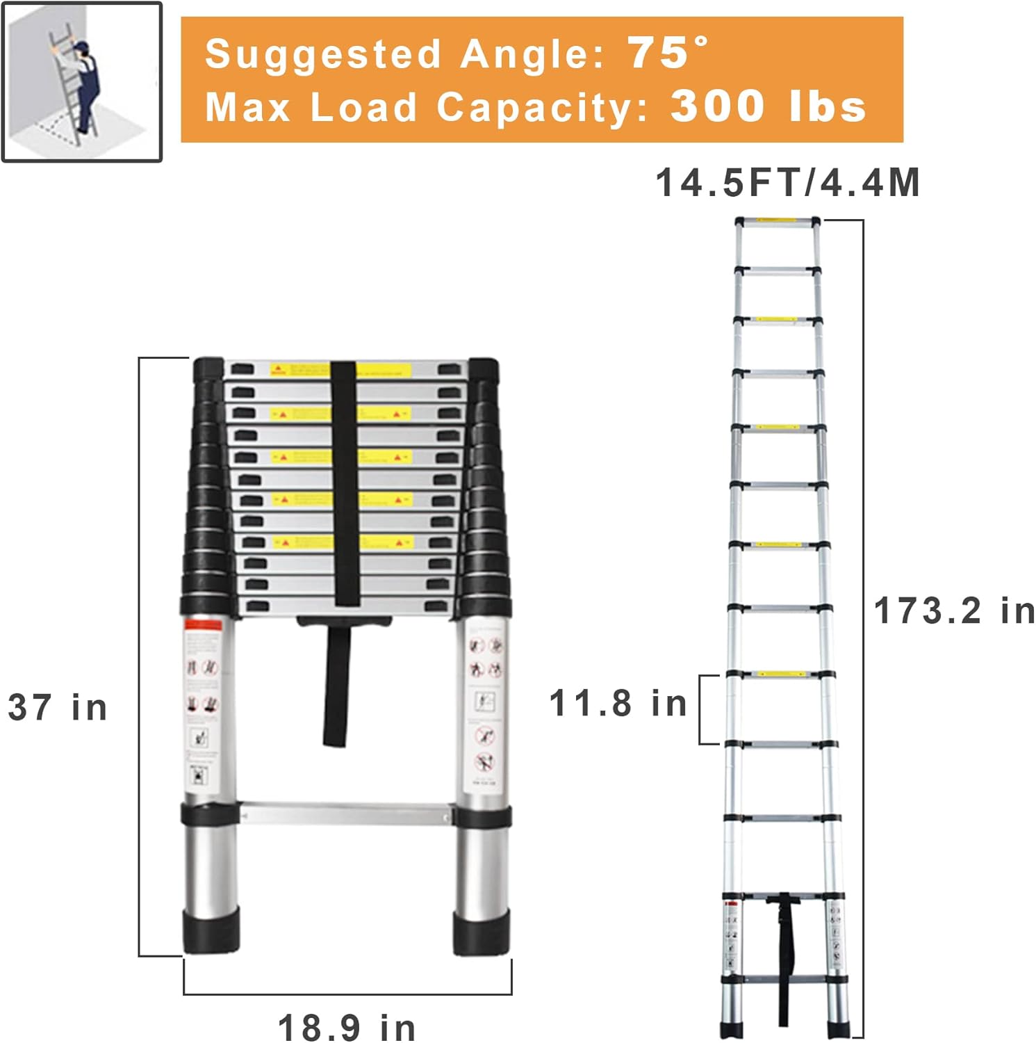 Telescoping Extension Ladder 14.5 FT, Folding Telescopic Aluminum Ladders, Lightweight Collapsible Ladder Step for RV Roof Attic Home