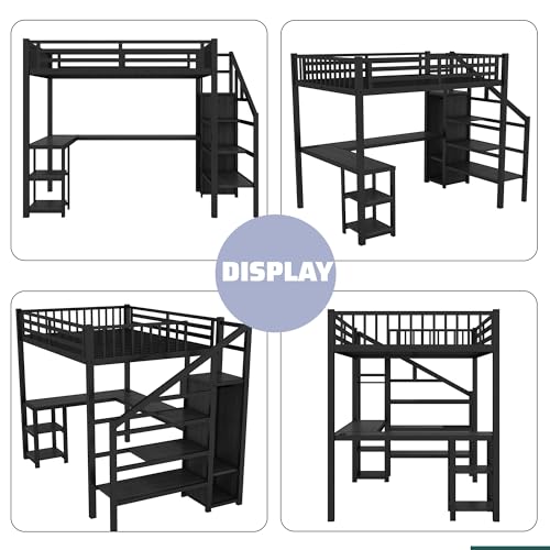 Full Size Loft Bed with Desk,Metal Heavy Duty Full Loft Bed with Stairs,Wardrobe and Shelves