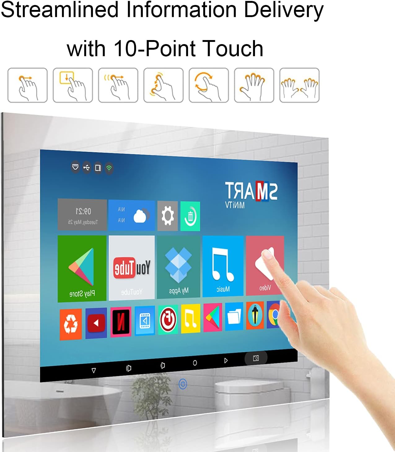 Haocrown 21.5 inch Bathroom TV Touchscreen IP66 Waterproof Smart Mirror TV for Bathroom with Android 11.0 System & 500 High-Brightness Built-in