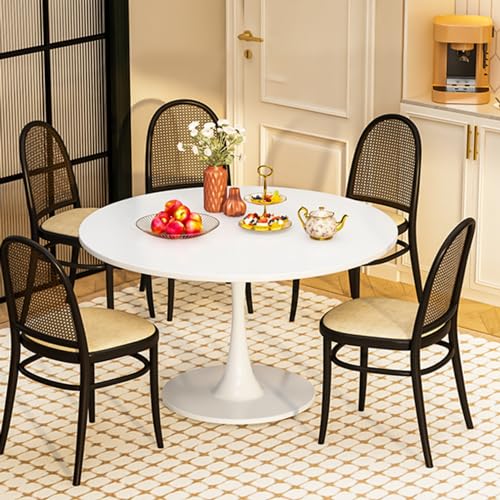 42 Inch Round Dining Table, Pure White Tulip Dining Table Tulip Table W/0.71" Thickness & Metal Pedestal Base for 4 to 6 People