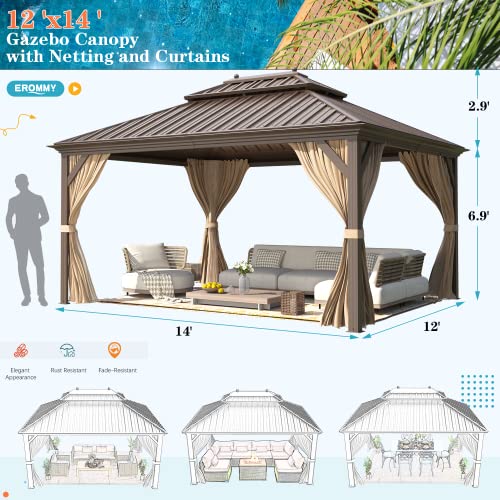 EROMMY 12'x20' Hardtop Gazebo Double Roof Galvanized Steel Canopy Outdoor Aluminum Frame Permanent Metal Pavilion with Netting and Curtains for Patio