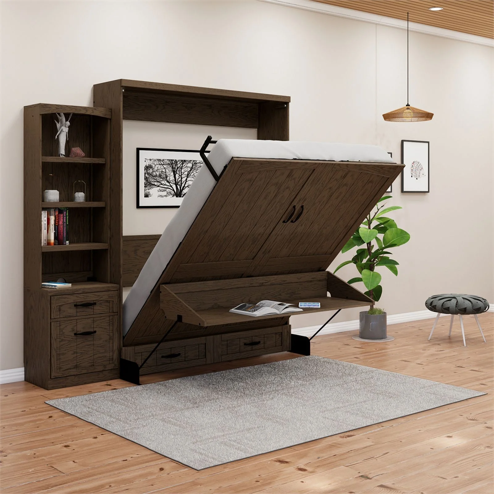RoomAndLoft Cape Cod Wood Queen Murphy Wall Desk Bed & Shelf Storage in Brown