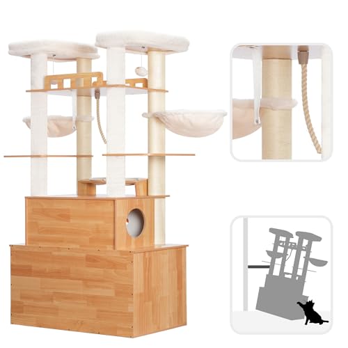 Heybly Cat Tree for Maine Coon with Litter Box Enclosure, 72-inch Wooden Cat Tower for Indoor Cats Large Adult, Big Condo with Food Station, Baskets