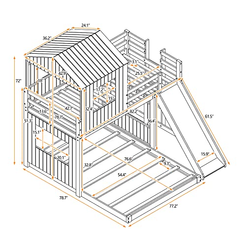Harper & Bright Designs House Floor Bunk Beds with Slide, Wooden Twin Over Full Bunk Beds with Slide, Roof and Guard Rail for Kids, Teens