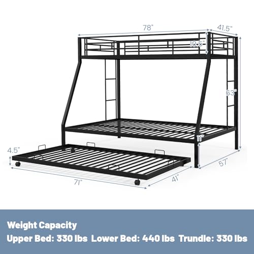 KOMFOTT Twin Over Full Bunk Bed with Trundle, Heavy-Duty Metal Bunk Bed Frame with Guardrail & 2 Ladders, Space-Saving Bunk Bed for Kids/Teens/Adults