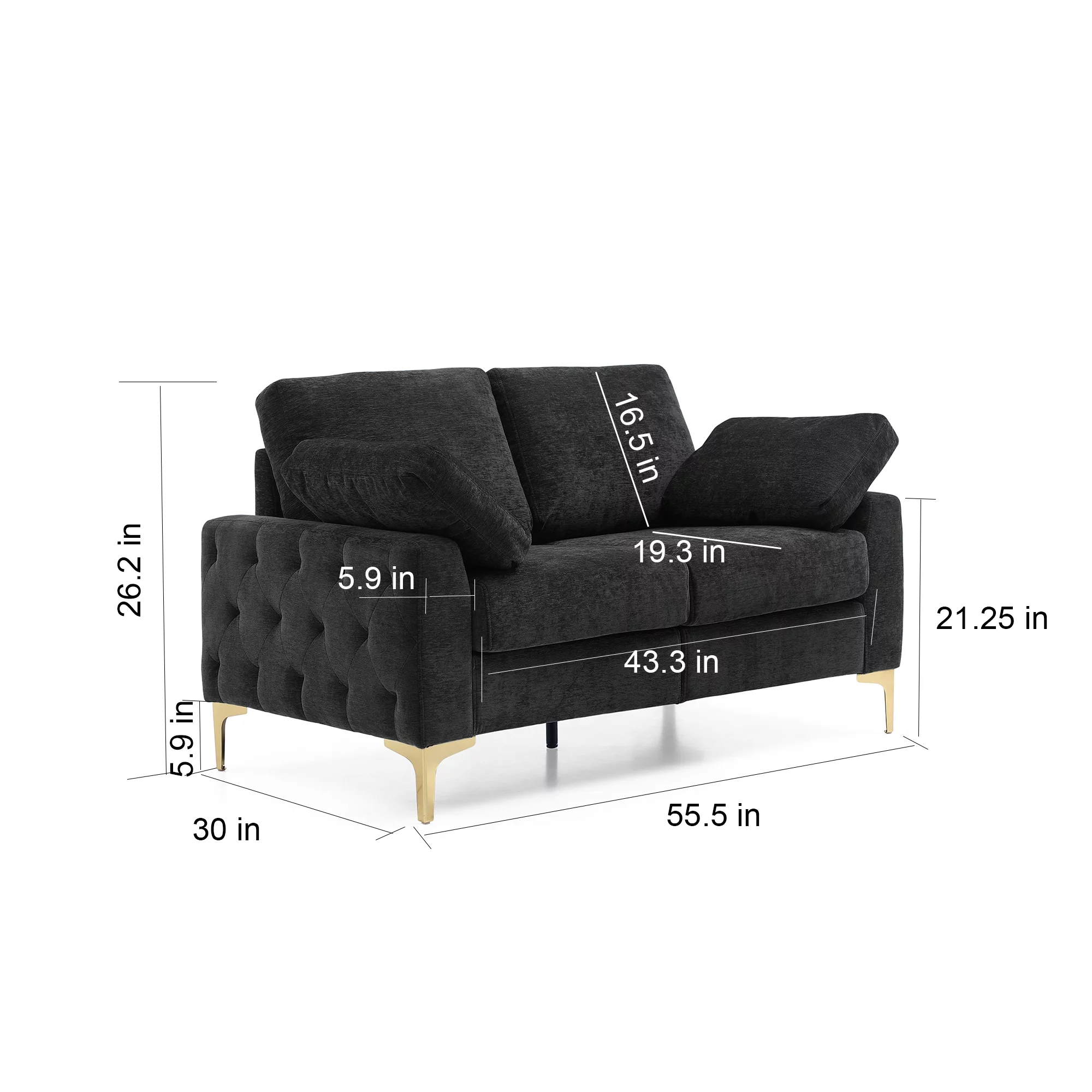 Modern Chenille Upholstered Loveseat, 2 Seater Tufted Sofa Couch with Arm Pillows Metal Legs Removable Cushions for Living Room Bedroom Apartment