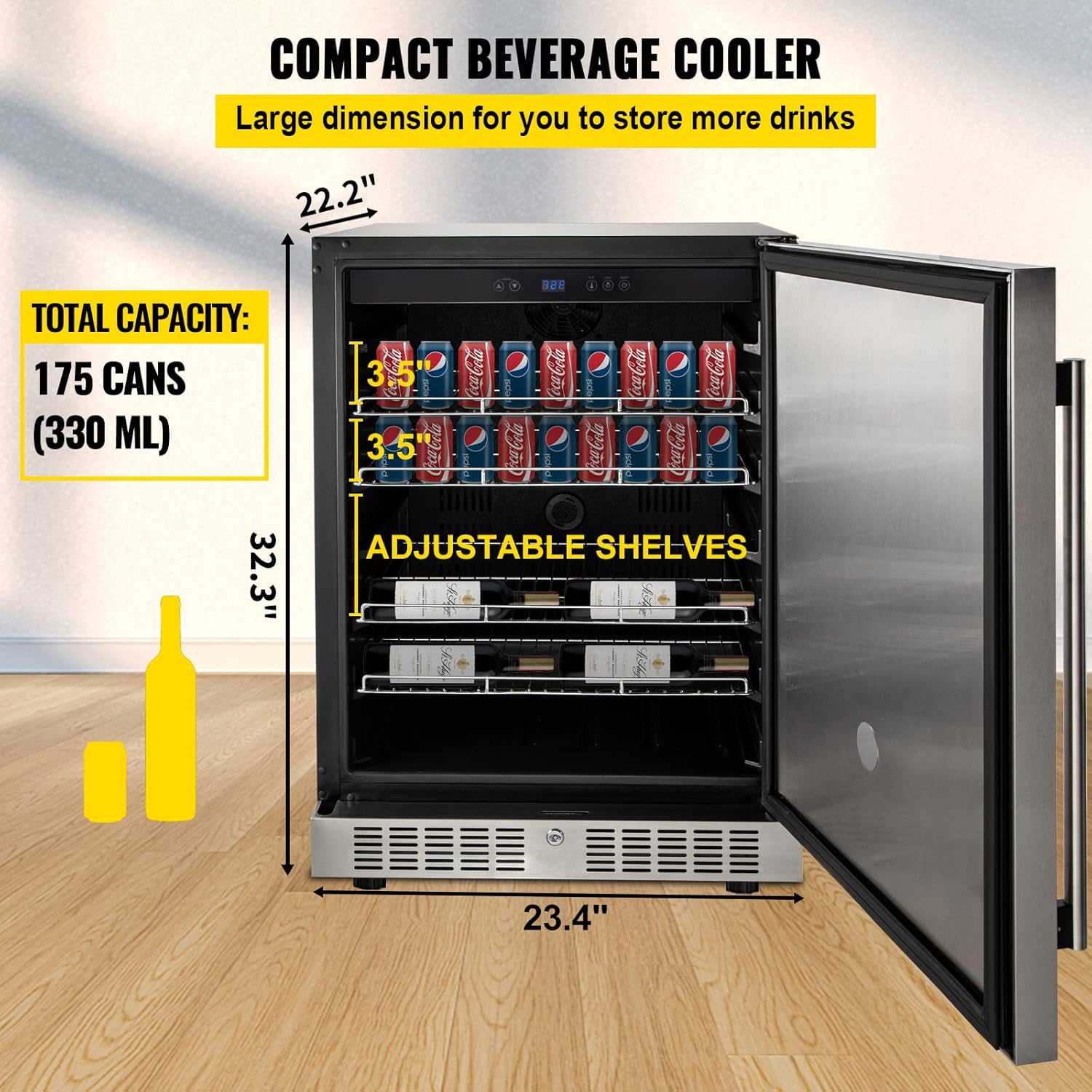 VEVOR 24'' Built-in Beverage Cooler, 5.3 cu.ft. Stainless Steel Beverage Refrigerator w/Embraco Compressor