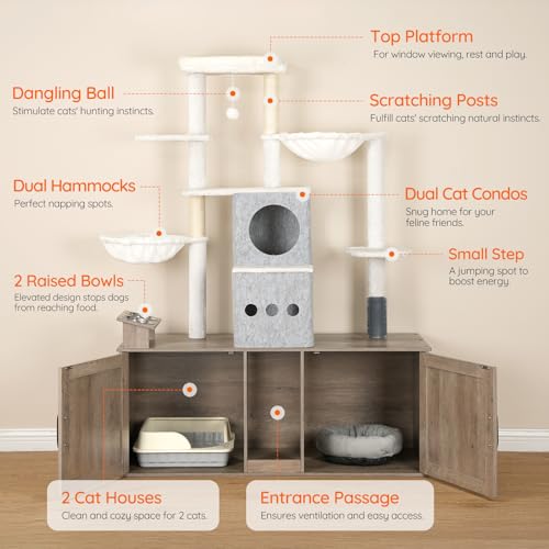 HOOBRO Cat Tree with 47.2" Dual Litter Box Enclosure, 63.4" Tall Multi-Functional Tower for Cats, Hidden Litter Box Enclosure Furniture