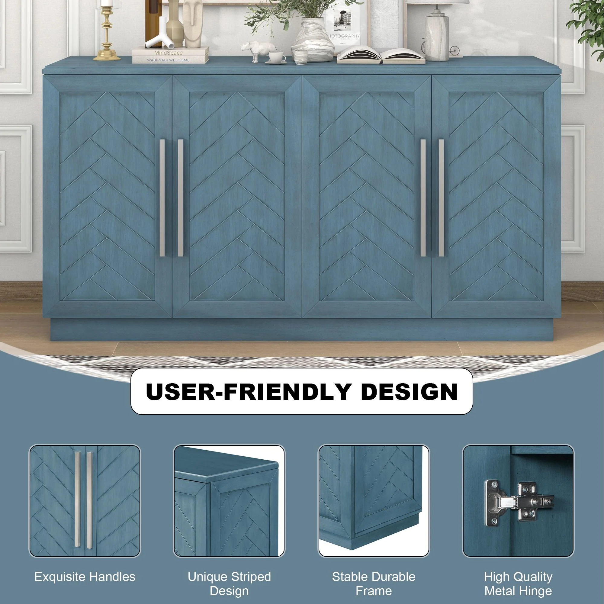 Blue Buffet Cabinet, FURNINEST Accent Cabinet with 4 Doors, Farmhouse Buffet Cabinet with Adjustable Shelves