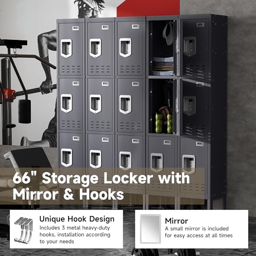 Locker Metal Storage Cabinet, Steel Office Storage Lockable Lockers for Employees Kids School Gym Home Garage Locker with Mirror & Hooks (5 Doors