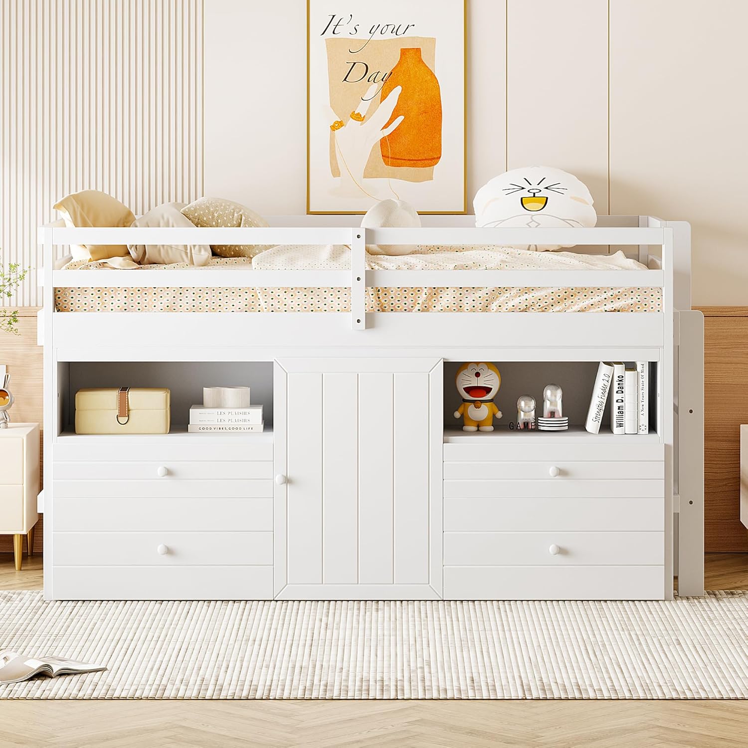 Twin Size Kids Loft Bed with Storage Underneath, Wooden Low Loftbed Frame with 4 Drawers, Cabinet, Shelves and Ladder