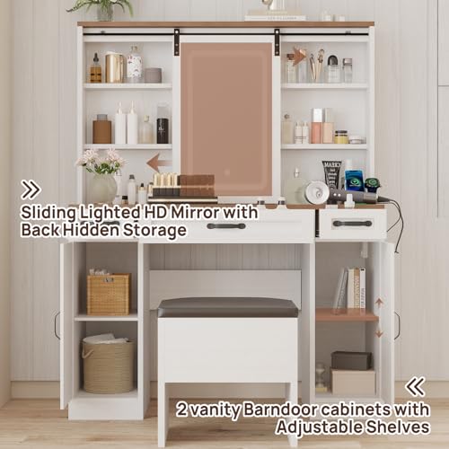 Farmhouse Vanity Desk with Sliding Lighted Mirror & Stool, Vanity Dresser Combo, Large Makeup Vanity with 8 Storage Shelves, 5 Drawers