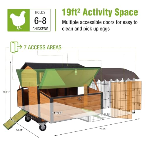 GUTINNEEN Mobile Chicken Coop Upgraded with All Arounded Metal Frame Large Hen House with Super Large Wheels for 6&ndash;8 Chickens, 6 Nesting Boxes