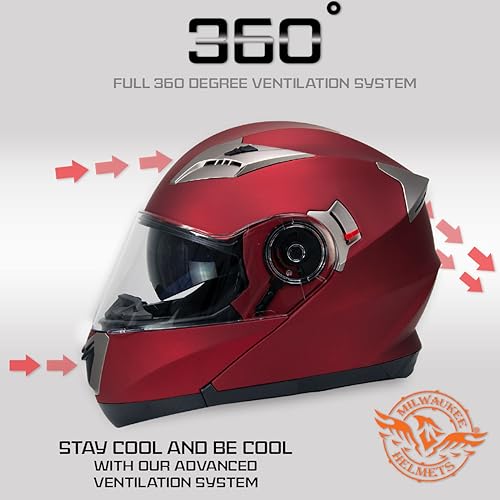 Milwaukee Helmets MPH9826DOT Ionized Flat Red Advanced Motorcycle Modular Helmet w/Drop Down Visor - Small