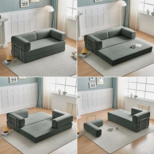 Convertible Floor Sofa Bed, Foldable Mattress Cloud Couch with Pillow Back & Armrest, Chenille Sleeper Sofa Bed with Fixed-Shape Frame