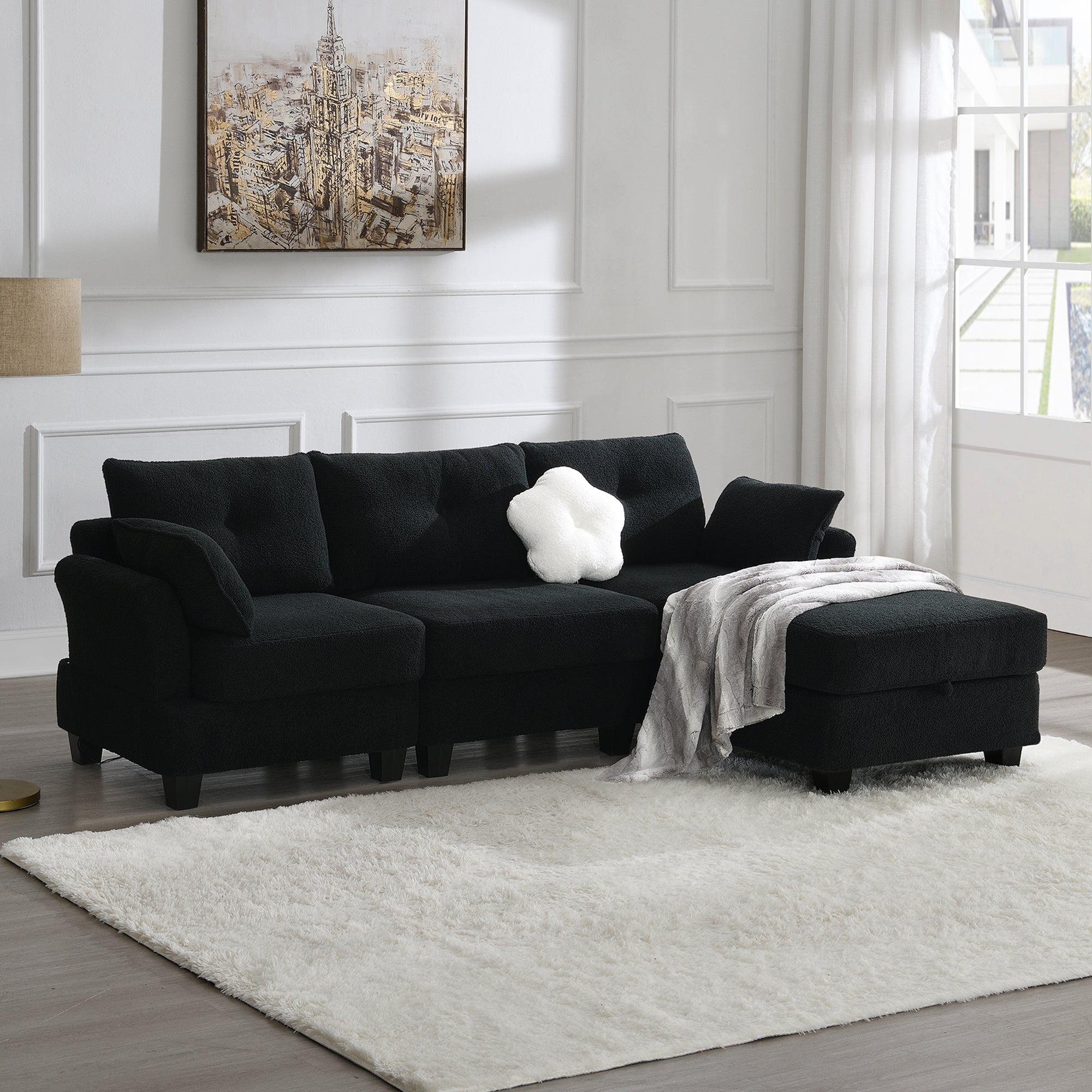 Fayen Velvet Sectional Sofa with Storage Ottoman - Black