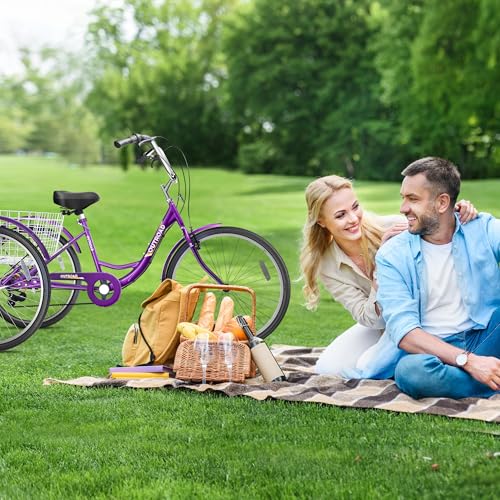 7-Speed Adult Tricycle with Large Basket 24/26 Inch, Stable 3-Wheel Cruise Bicycle for Shopping, Beach and City Trike Perfect for Men, Women