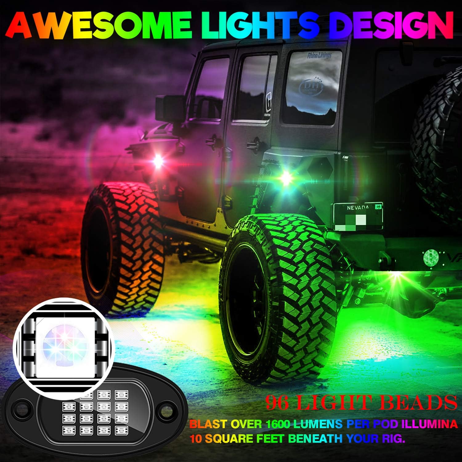 SUZCO 6-Pack Trucks LED RGB Neon Underglow Pod Rock Lights Kit