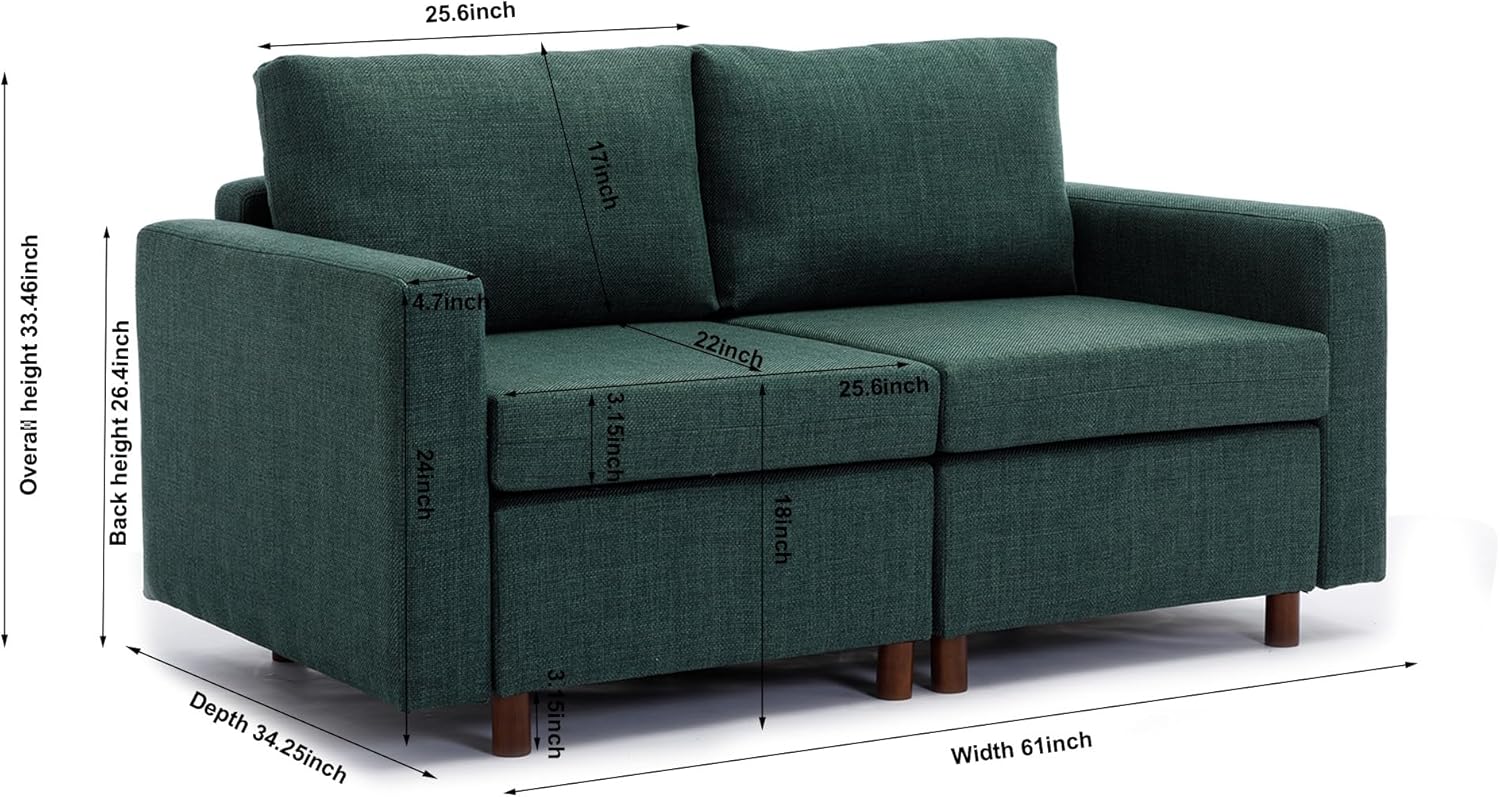 Modular Combo Oversized Sectional Sofa Couch, Modern Wide Arm Loveseat with Ottoman, Comfy Deep 2 Seat for Living Room, Bedroom, Apartment, B-Green