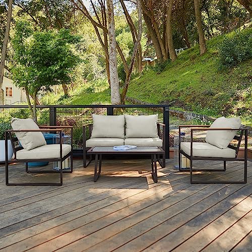 EAST OAK Courtyard Patio Furniture Set, 4-Piece Outdoor Patio Set with Sofa, Removable & Washable Deep Seating Cushion, Tempered Glass Table