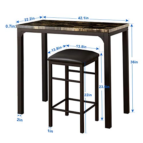 VECELO Kitchen Dining Room Table Set with 2 Chairs for Small Space, Apartment,Metal Steel Frame