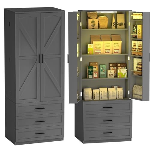 72" LED Kitchen Pantry Cabinet with 3 Drawers Farmhouse Tall Storage Cabinet Wood Food Pantry with Barn Doors and Adjustable Shelves Versatile