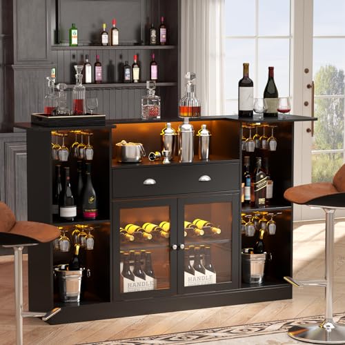 Loomie Bar Table Cabinet with LED & Drawer, Mini Liquor Bar with 8-Tier Storage & Stemware Holder