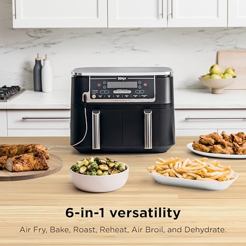Ninja DZ401 Foodi 10 Quart 6-in-1 DualZone XL 2-Basket Air Fryer with 2 Independent Frying Baskets, Match Cook & Smart Finish to Roast, Broil