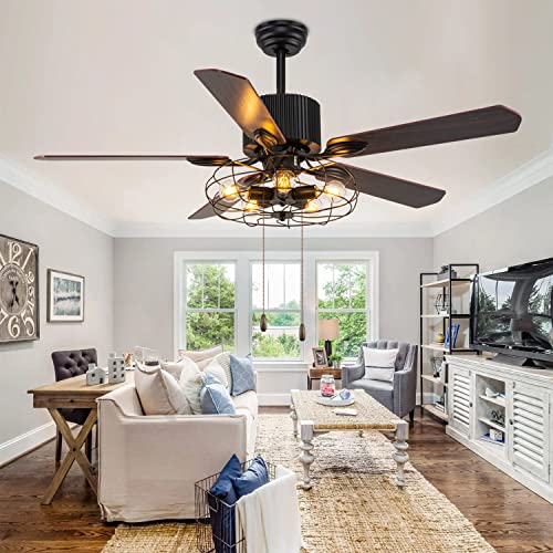 Farmhouse Caged Ceiling Fan with Lights Remote Control, 52" Industrial Black Chandelier Fan Pull Chain