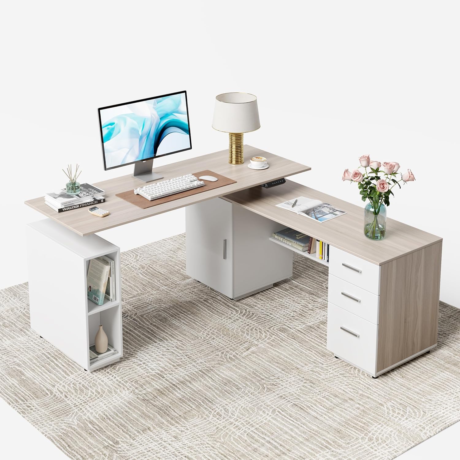 Cubiker 63" L Shaped Executive Standing Desk with 3-Drawer File Cabinet, Electric Height Adjustable Stand up Desk for Home Office
