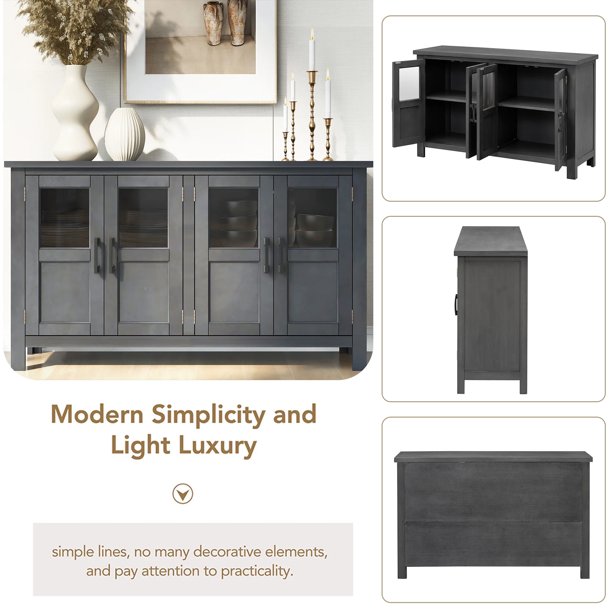 Buffet Cabinet with 4 Doors, Farmhouse Storage Cabinet, Atumon Storage Cabinet with Adjustable Shelves and Metal Handles
